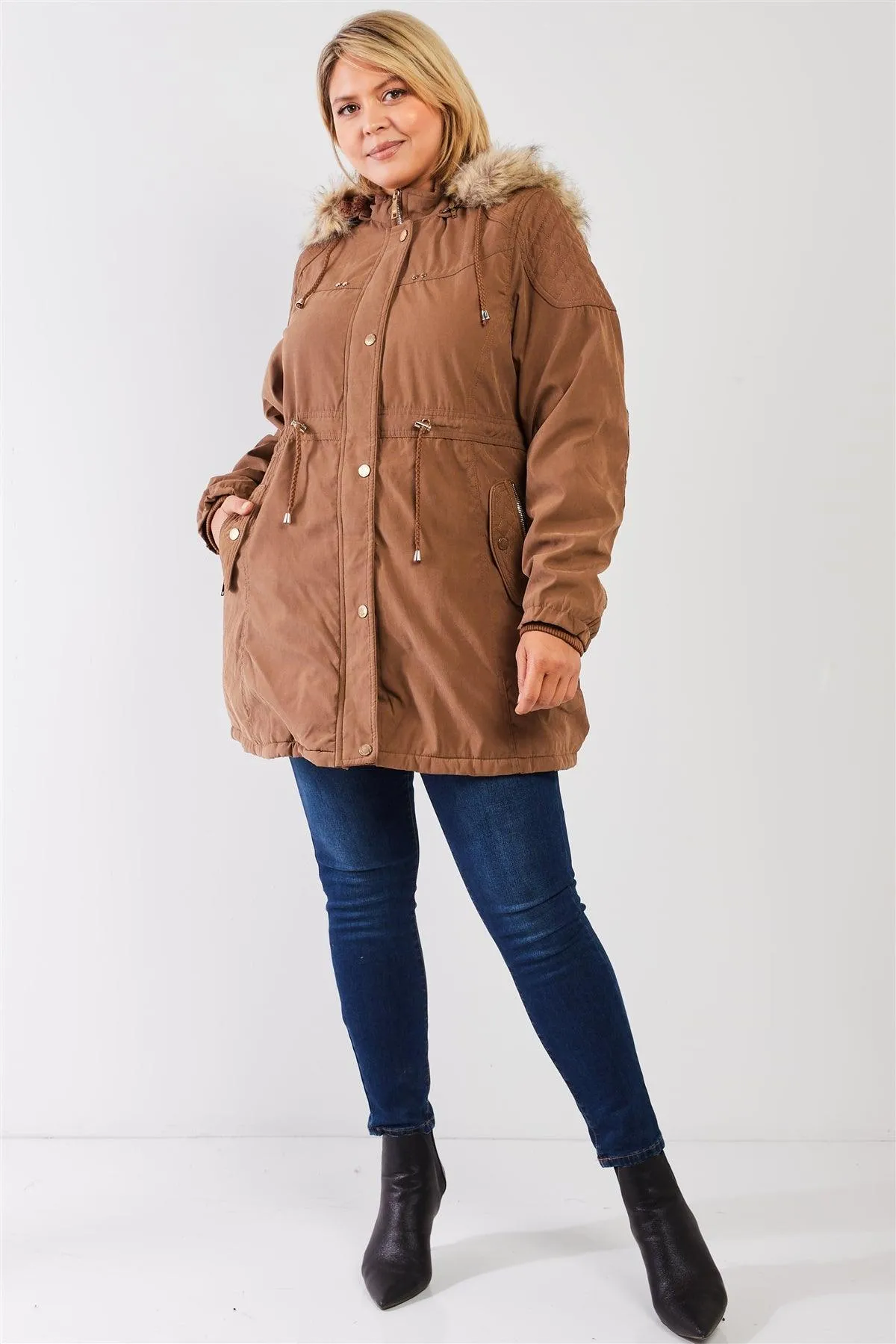 Junior Plus Size Brown Quilted Detail Vegan Fur Cotton Twill Parka Jacket /1-1-1-1