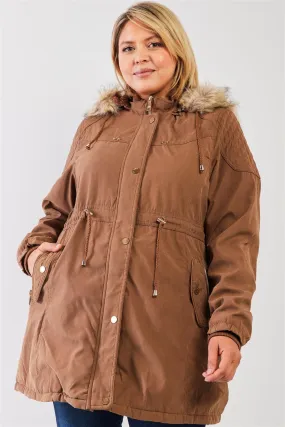 Junior Plus Size Brown Quilted Detail Vegan Fur Cotton Twill Parka Jacket /1-1-1-1