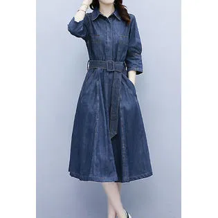 Ketty More Women Stylish Collar Short Sleeve Awesome Solid Colored Mid-Length Autumn Casual Denim Dress-KMWDC2524