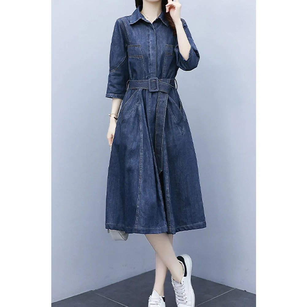 Ketty More Women Stylish Collar Short Sleeve Awesome Solid Colored Mid-Length Autumn Casual Denim Dress-KMWDC2524