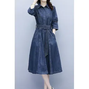 Ketty More Women Stylish Collar Short Sleeve Awesome Solid Colored Mid-Length Autumn Casual Denim Dress-KMWDC2524