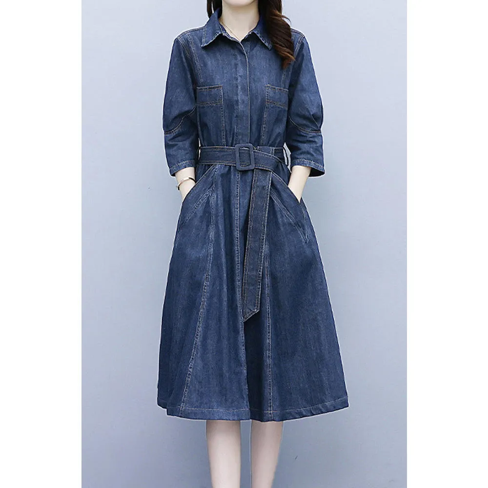 Ketty More Women Stylish Collar Short Sleeve Awesome Solid Colored Mid-Length Autumn Casual Denim Dress-KMWDC2524