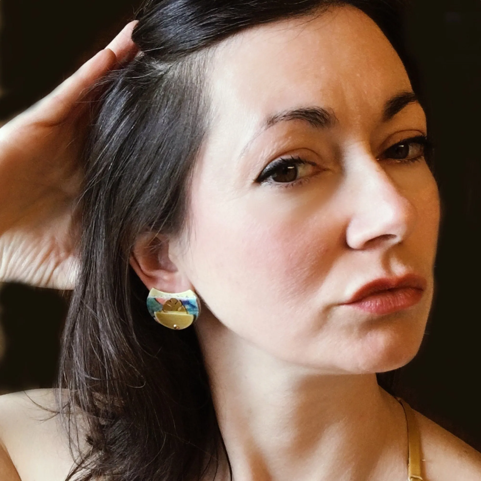 Large Post Earring With Brushed Brass Hand Painted Leather and Monstera Plant
