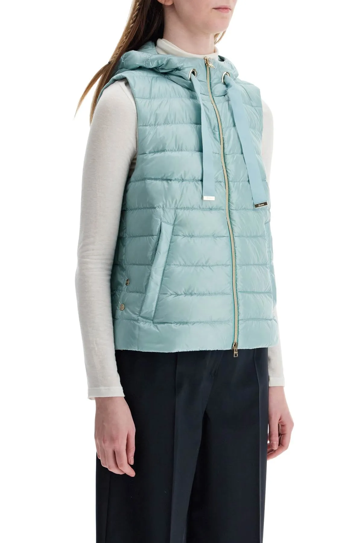 light blue quilted nylon gilet with hood
