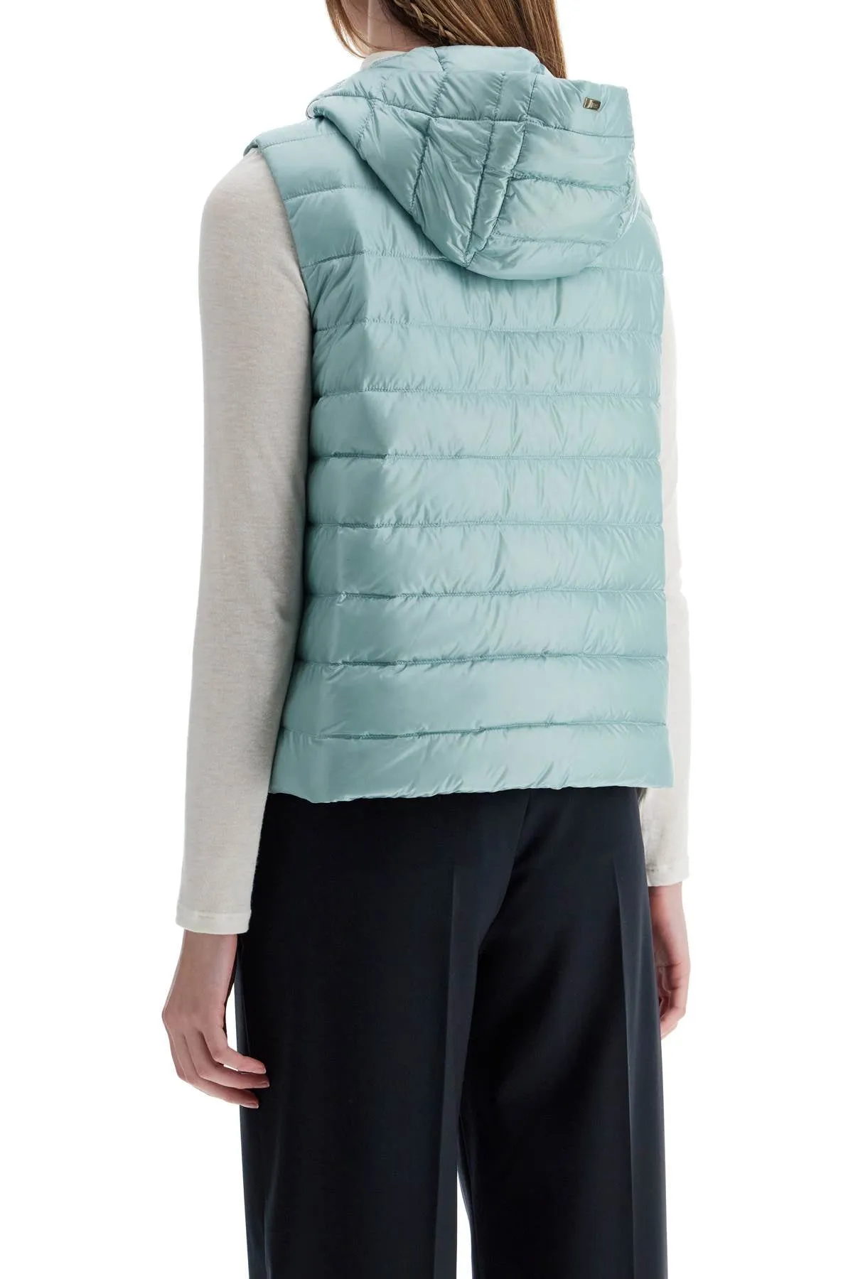 light blue quilted nylon gilet with hood