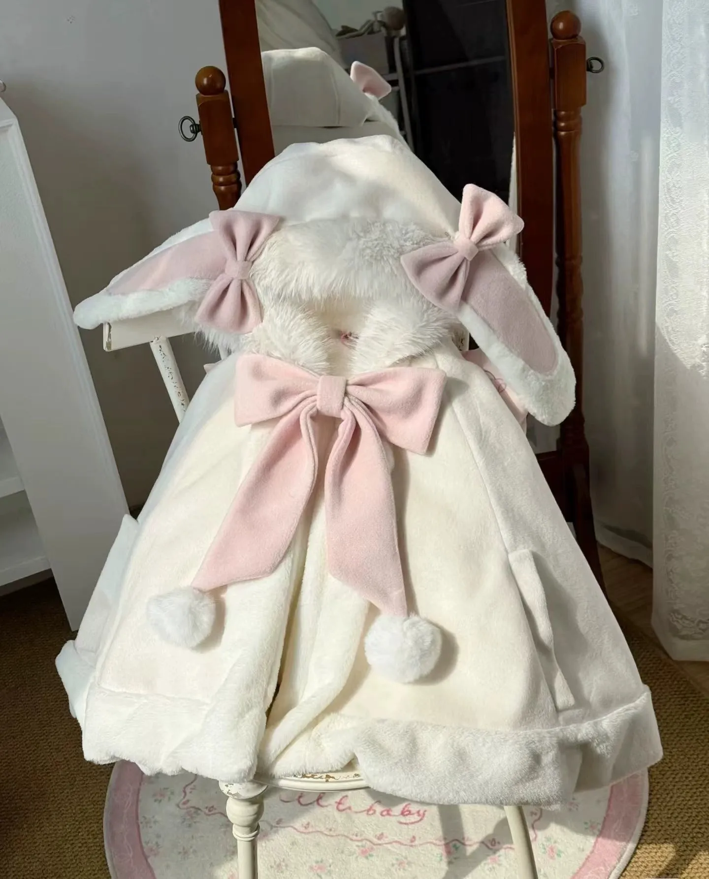 Lolita Kitten Calls Car Ears & Rabbit Ears White Pink Jacket Cape Cloak