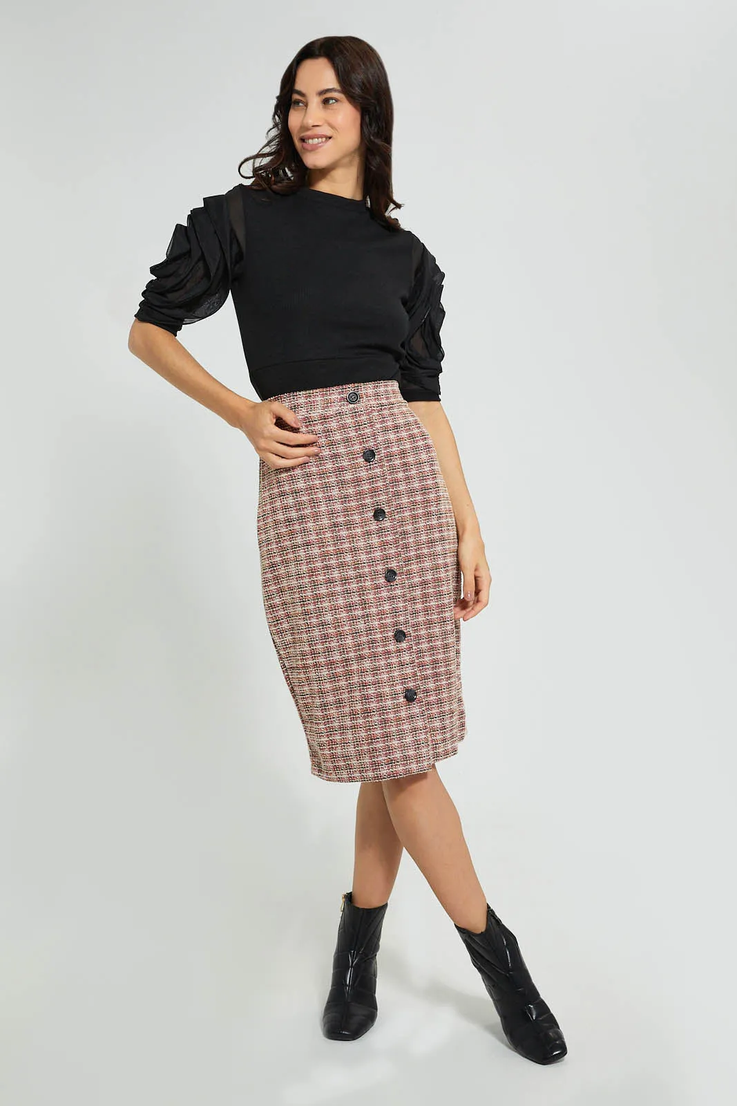 Multicolour Front Button Pencil Skirt