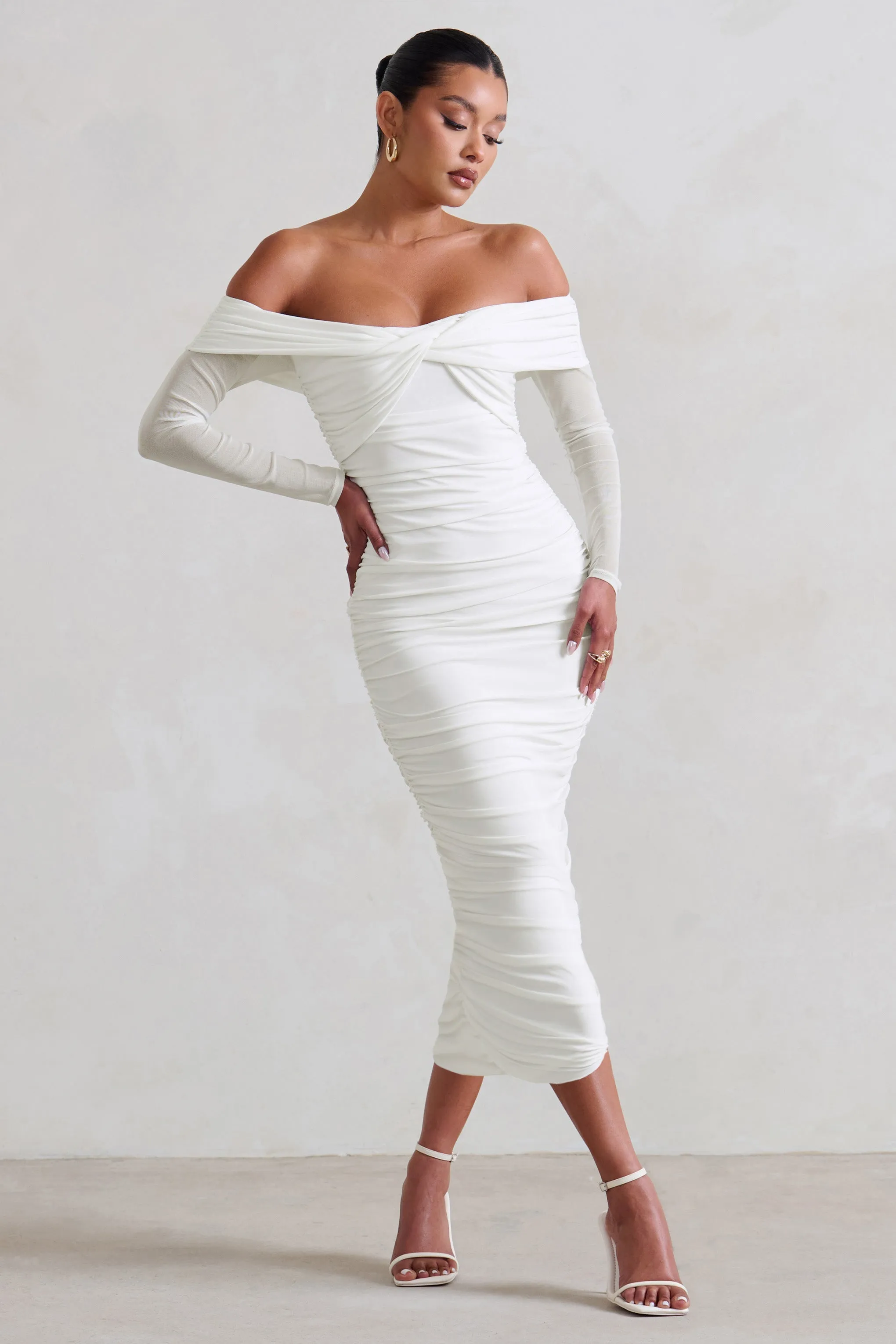 Neva | White Bardot Twist Midi Dress
