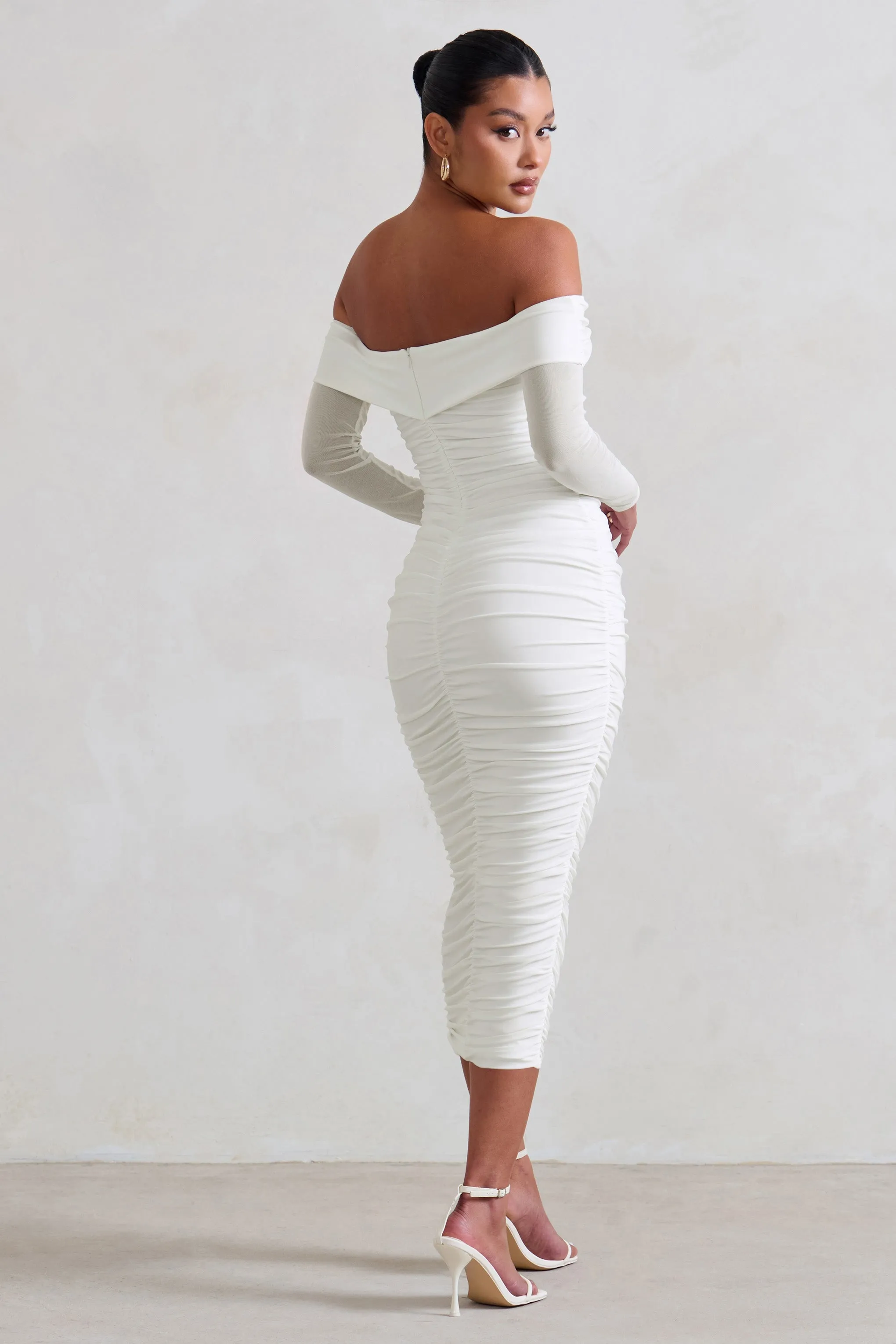 Neva | White Bardot Twist Midi Dress