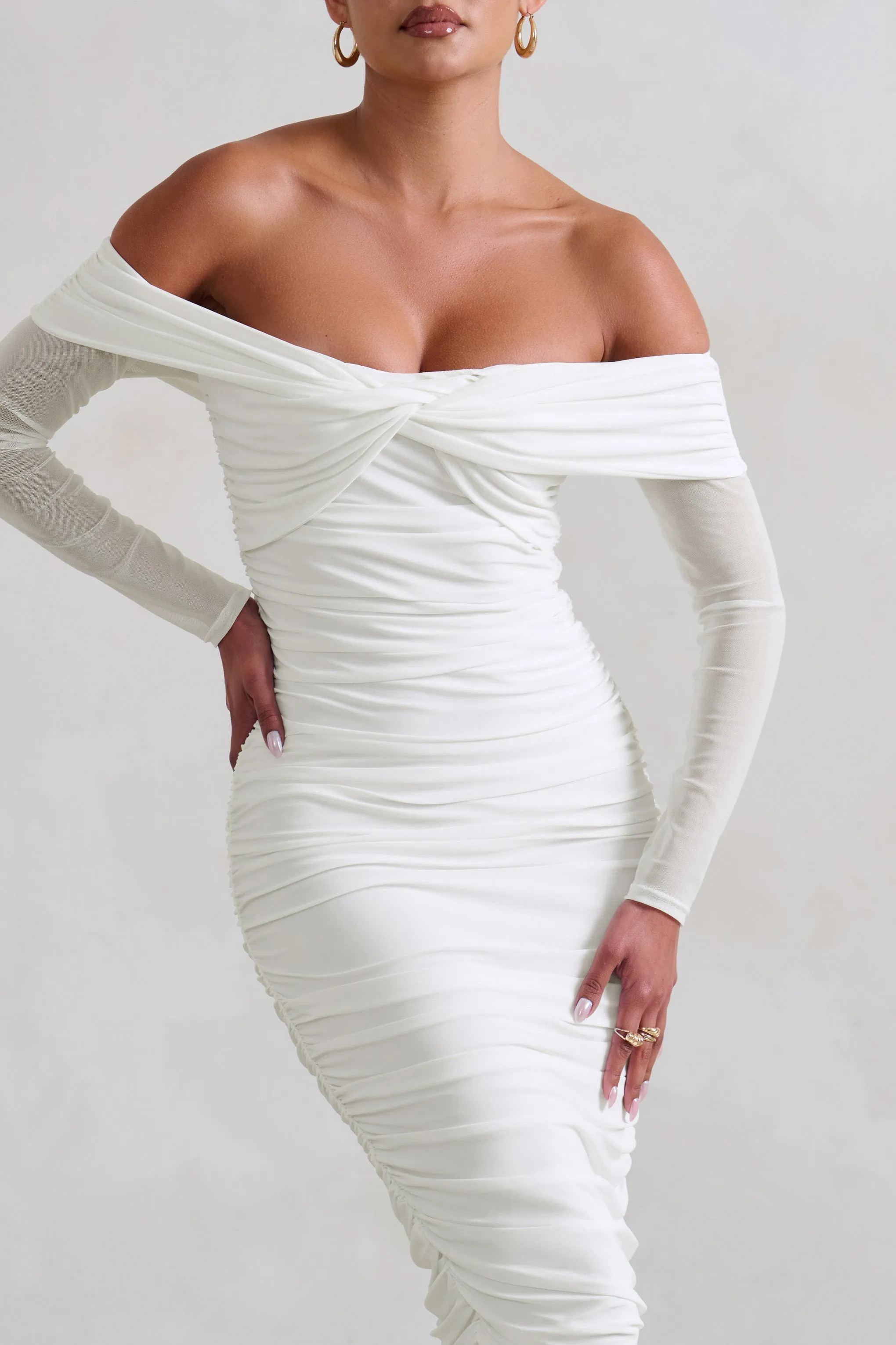 Neva | White Bardot Twist Midi Dress