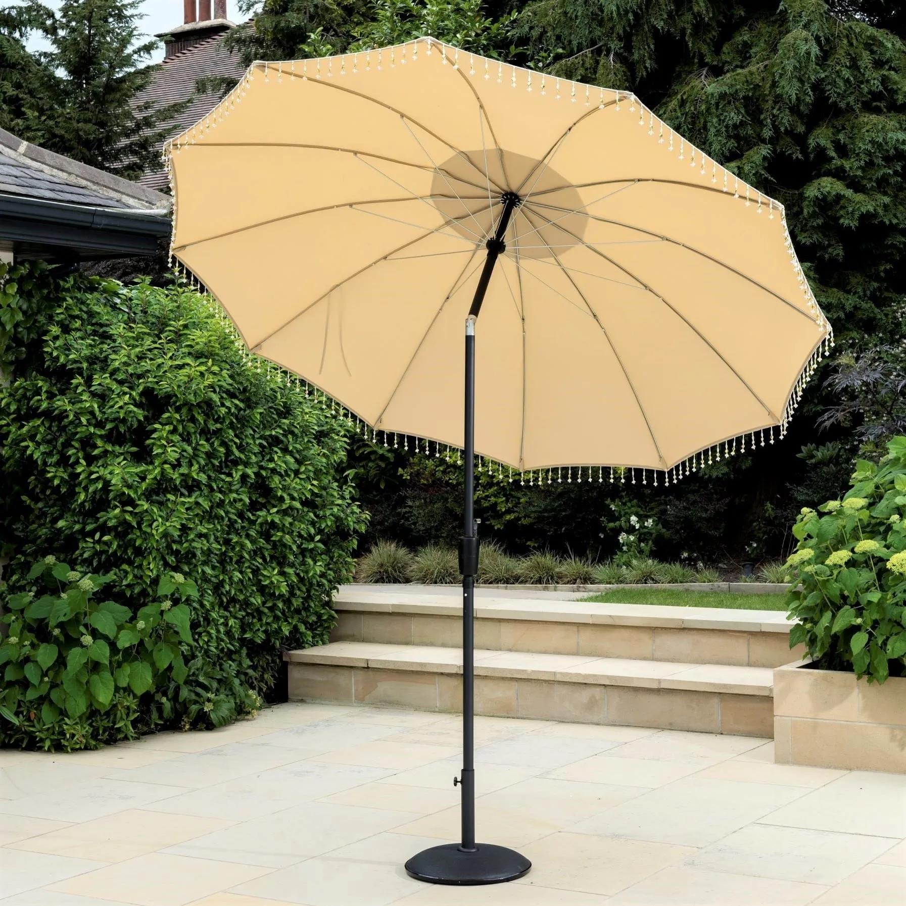 Norfolk Leisure Carrousel Beaded Garden Parasol Umbrella - Fringe Tassels 2.7m Crank Handle and Tilt - Cream, Pale Green or Grey - Outdoor Patio