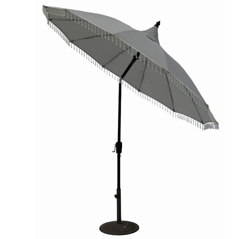 Norfolk Leisure Carrousel Beaded Garden Parasol Umbrella - Fringe Tassels 2.7m Crank Handle and Tilt - Cream, Pale Green or Grey - Outdoor Patio