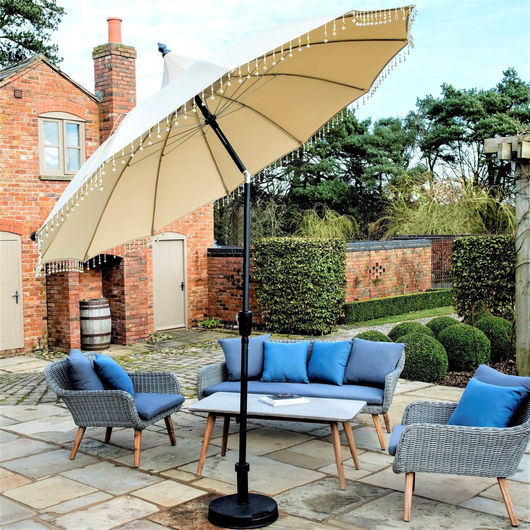 Norfolk Leisure Carrousel Beaded Garden Parasol Umbrella - Fringe Tassels 2.7m Crank Handle and Tilt - Cream, Pale Green or Grey - Outdoor Patio