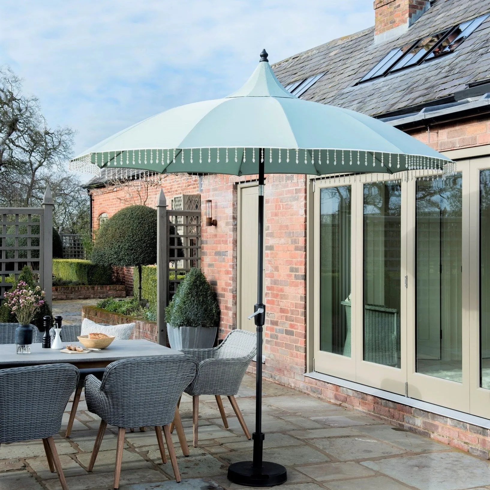 Norfolk Leisure Carrousel Beaded Garden Parasol Umbrella - Fringe Tassels 2.7m Crank Handle and Tilt - Cream, Pale Green or Grey - Outdoor Patio