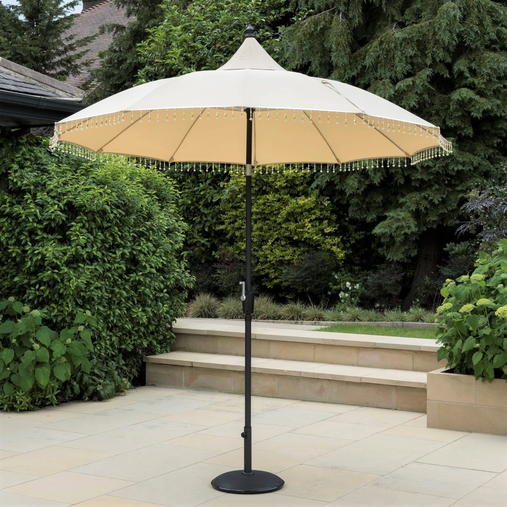 Norfolk Leisure Carrousel Beaded Garden Parasol Umbrella - Fringe Tassels 2.7m Crank Handle and Tilt - Cream, Pale Green or Grey - Outdoor Patio