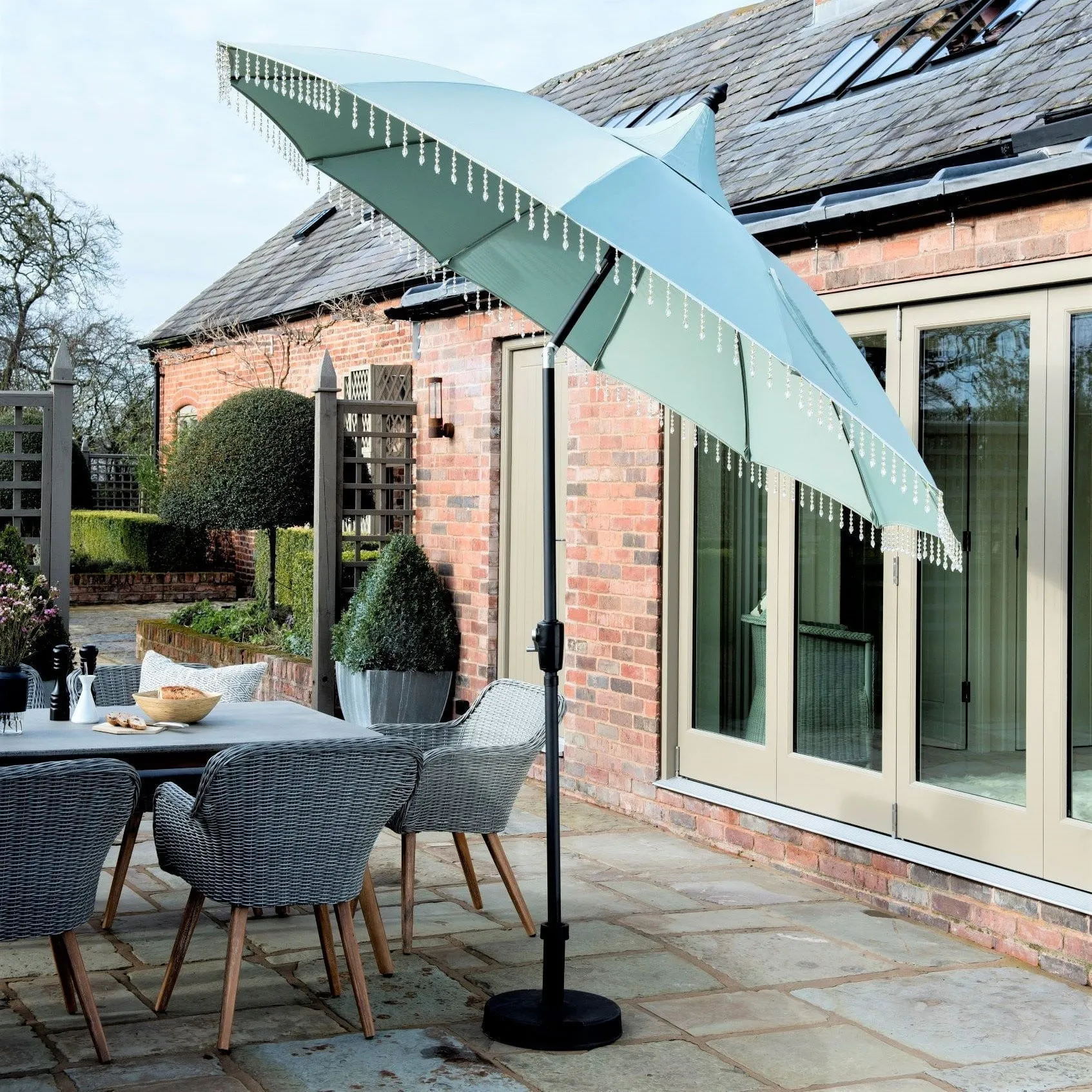 Norfolk Leisure Carrousel Beaded Garden Parasol Umbrella - Fringe Tassels 2.7m Crank Handle and Tilt - Cream, Pale Green or Grey - Outdoor Patio