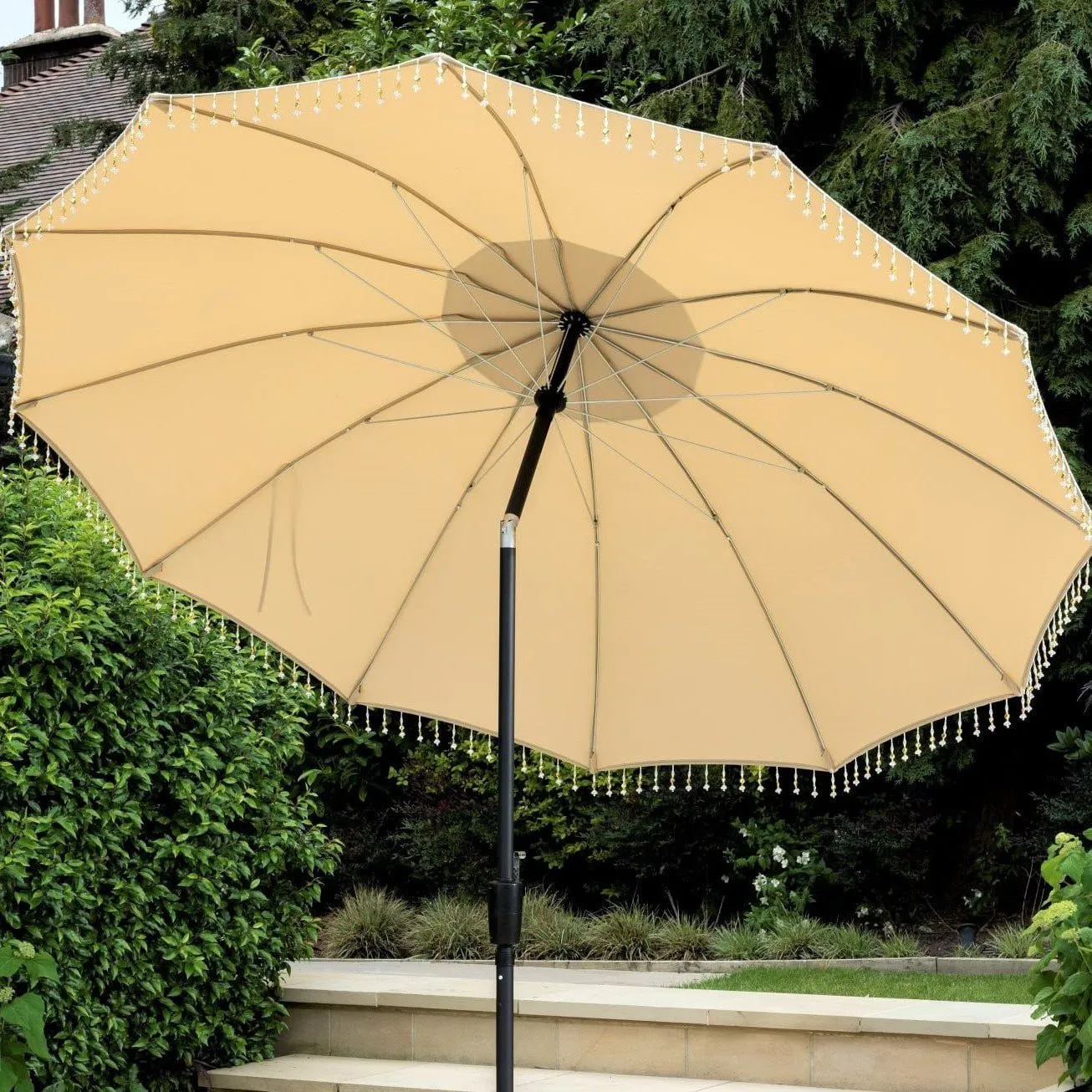 Norfolk Leisure Carrousel Beaded Garden Parasol Umbrella - Fringe Tassels 2.7m Crank Handle and Tilt - Cream, Pale Green or Grey - Outdoor Patio