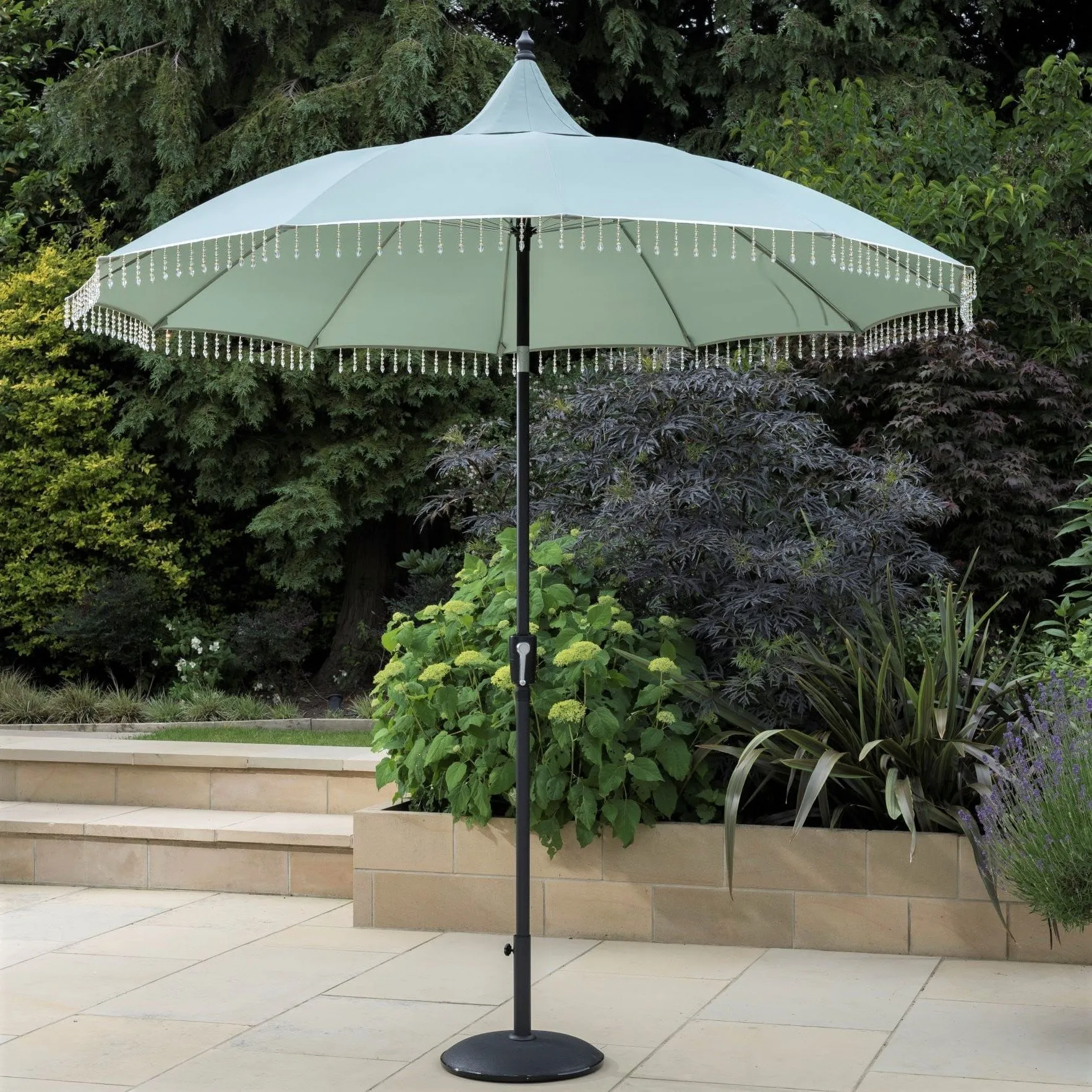 Norfolk Leisure Carrousel Beaded Garden Parasol Umbrella - Fringe Tassels 2.7m Crank Handle and Tilt - Cream, Pale Green or Grey - Outdoor Patio
