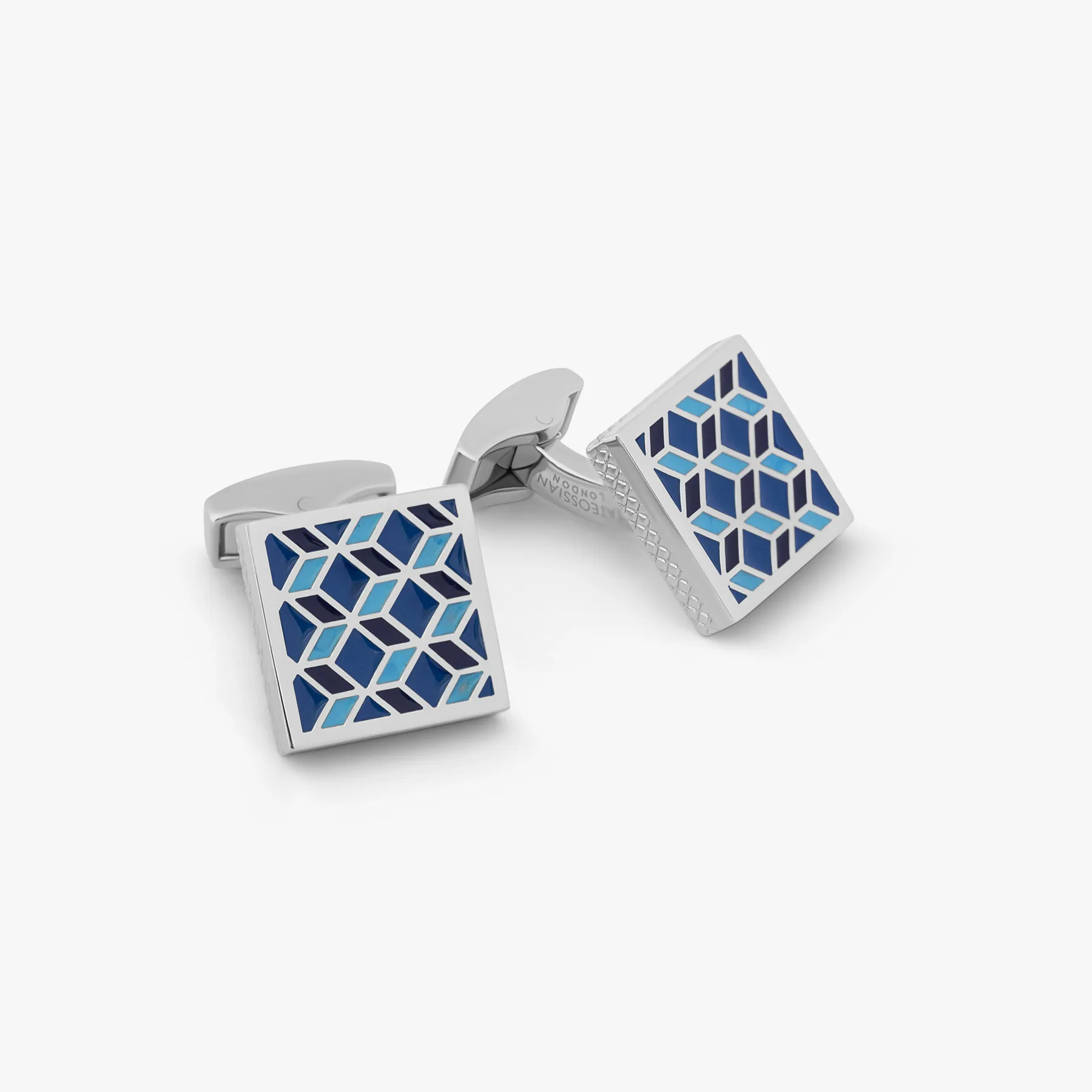 Palladium plated Geometric cufflinks with blue enamel