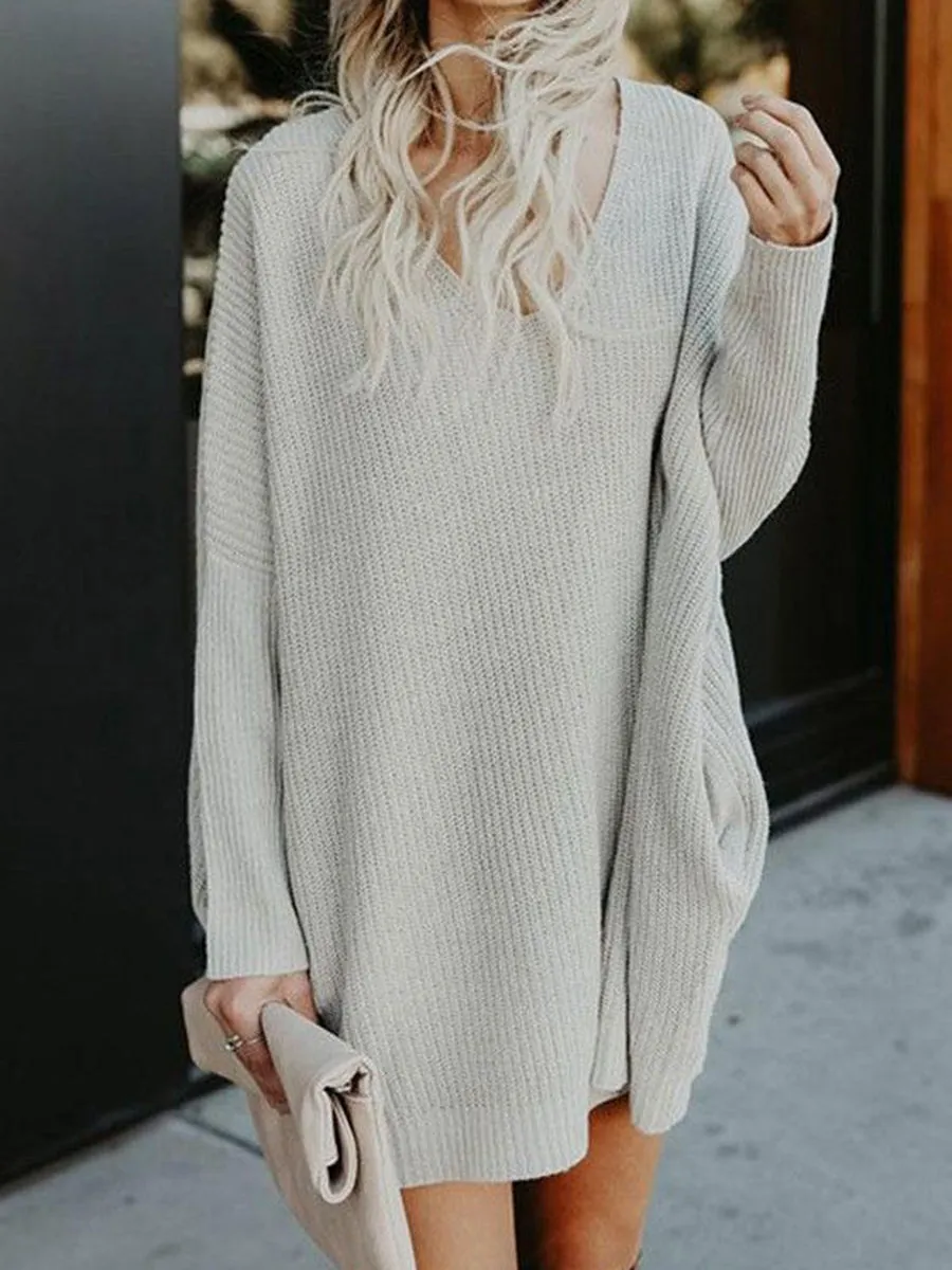 Plain Pockets V-neck Loose Casual Knit Dress