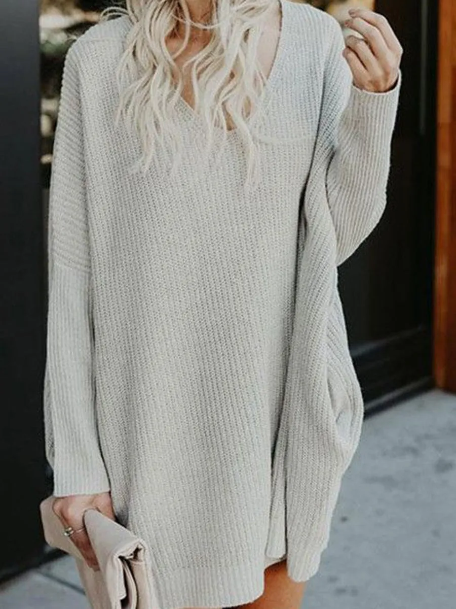 Plain Pockets V-neck Loose Casual Knit Dress