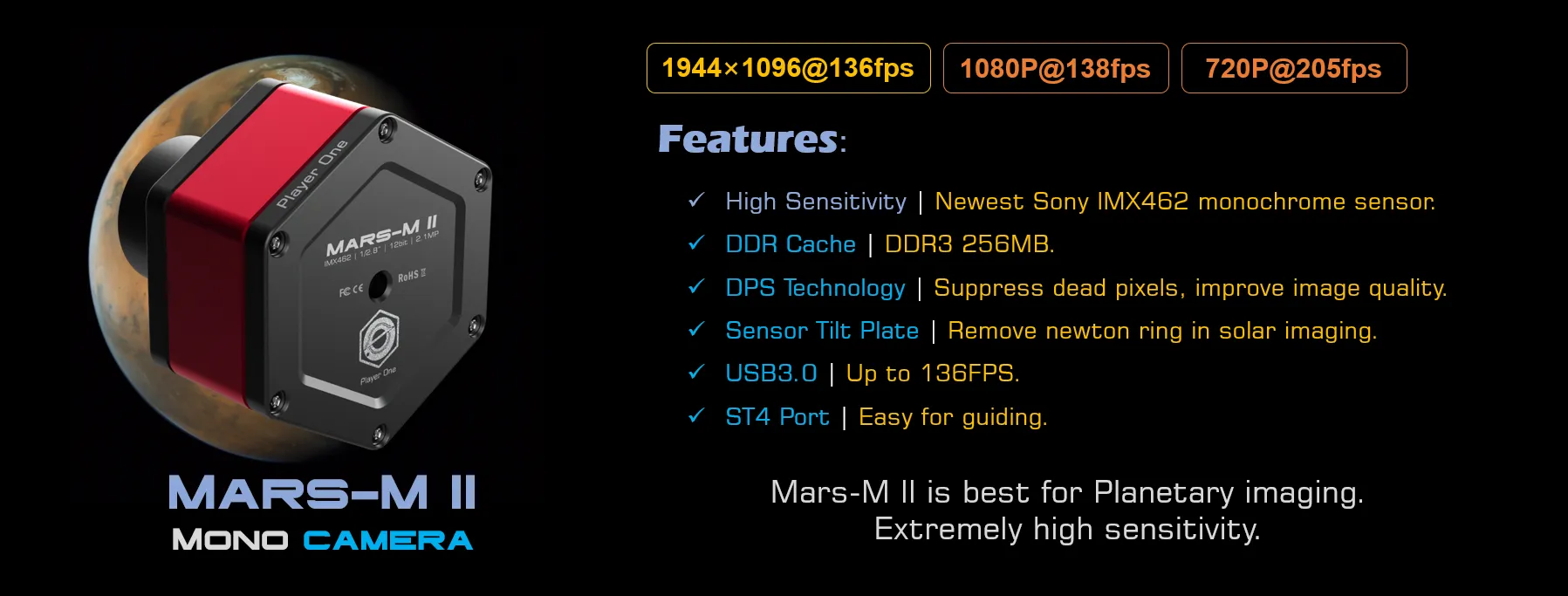 Player One Mars-M II (IMX462)USB3.0 Monochrome Camera