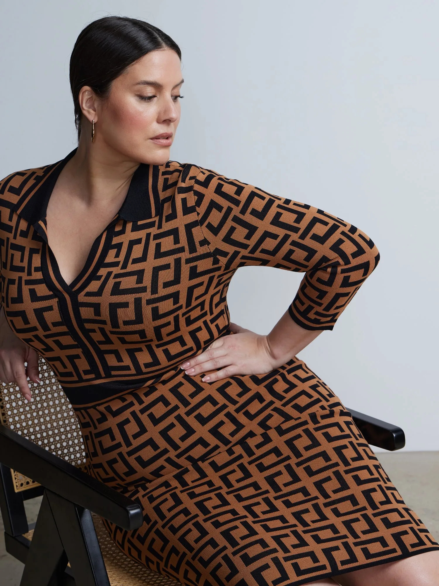 Plus Quarter Sleeve Geometric Print Sweater Dress