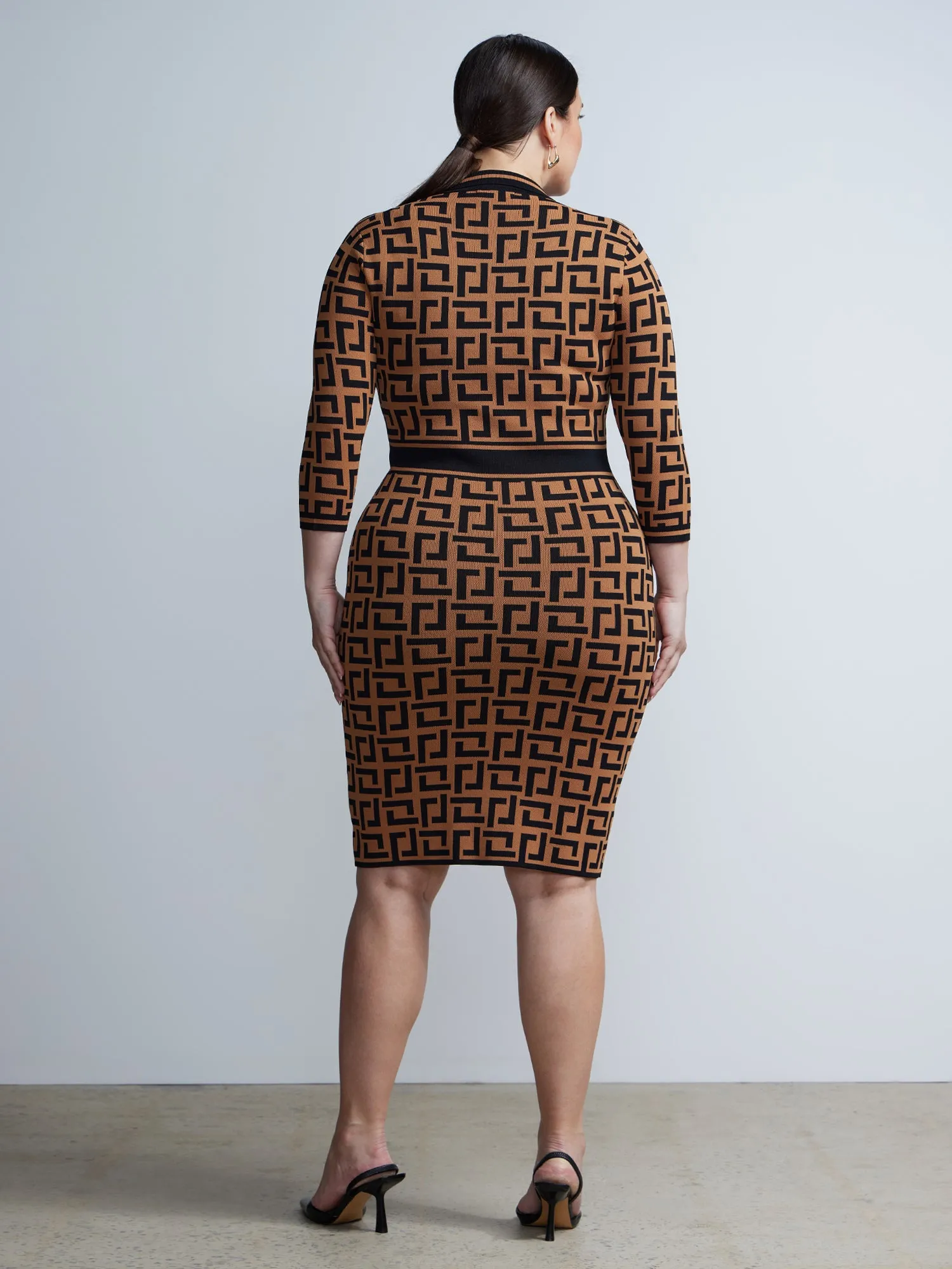 Plus Quarter Sleeve Geometric Print Sweater Dress