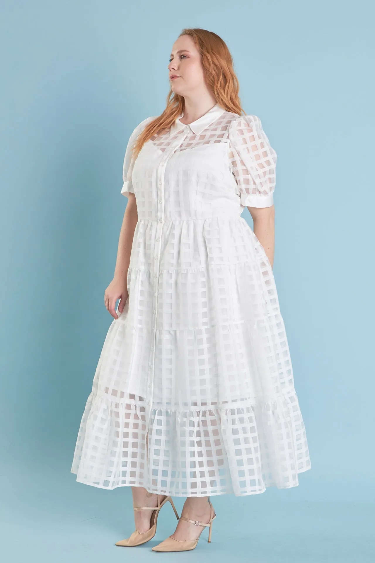 Plus Size Gridded Organza Tiered Maxi Dress