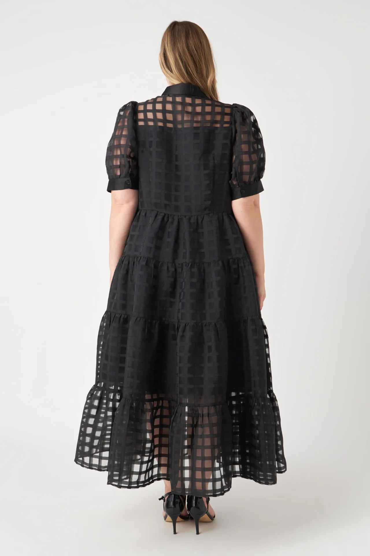 Plus Size Gridded Organza Tiered Maxi Dress