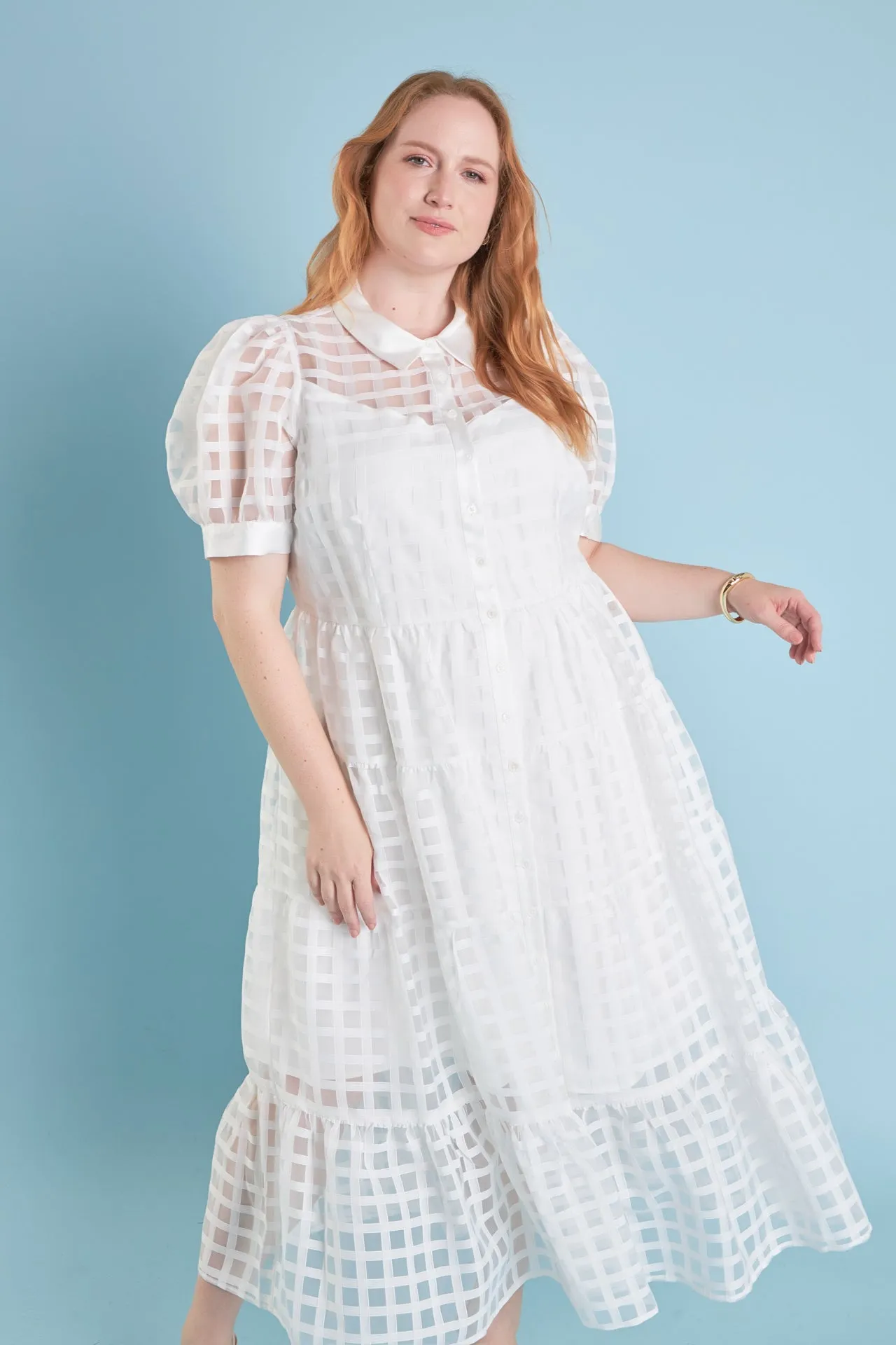 Plus Size Gridded Organza Tiered Maxi Dress