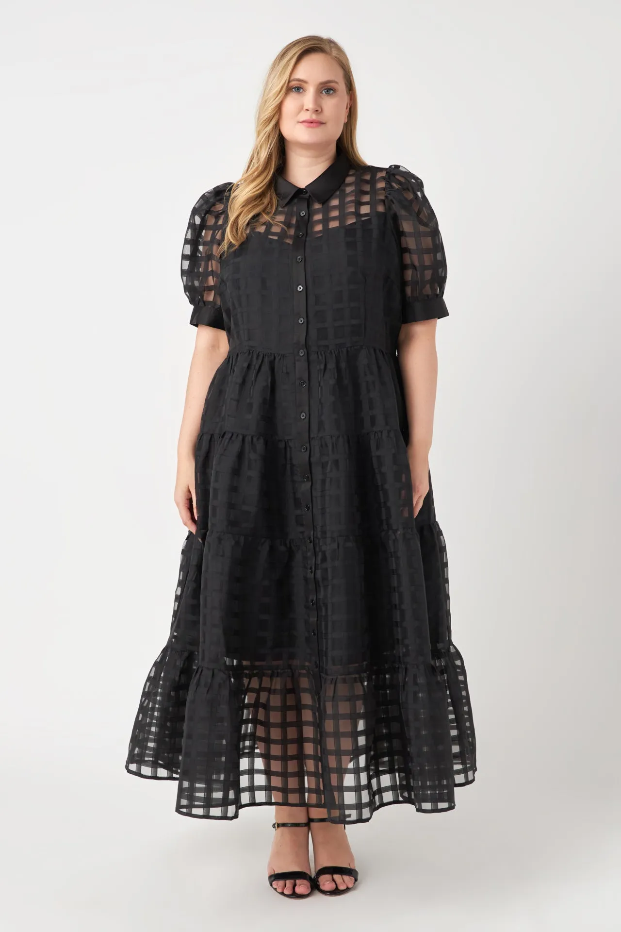 Plus Size Gridded Organza Tiered Maxi Dress