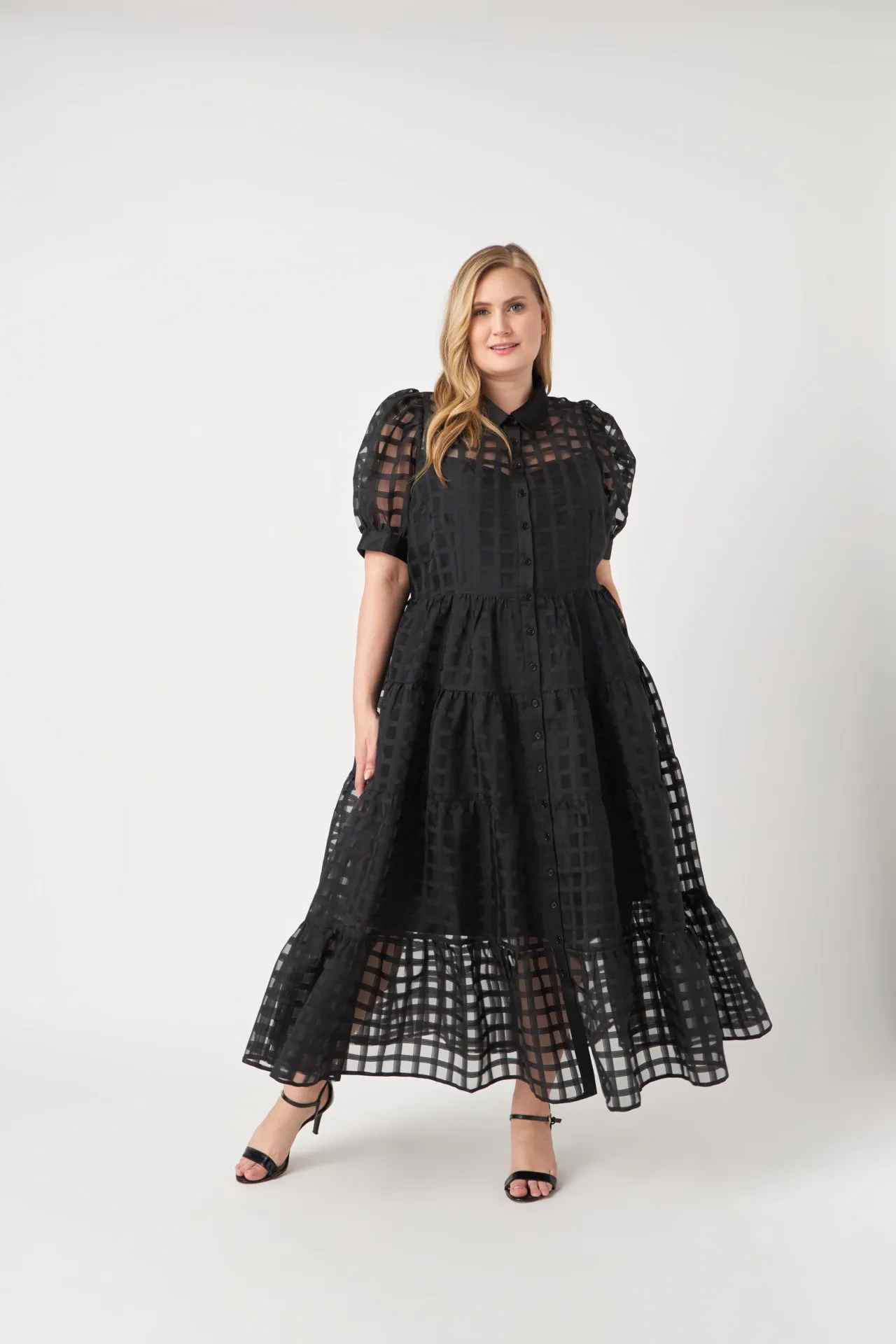 Plus Size Gridded Organza Tiered Maxi Dress