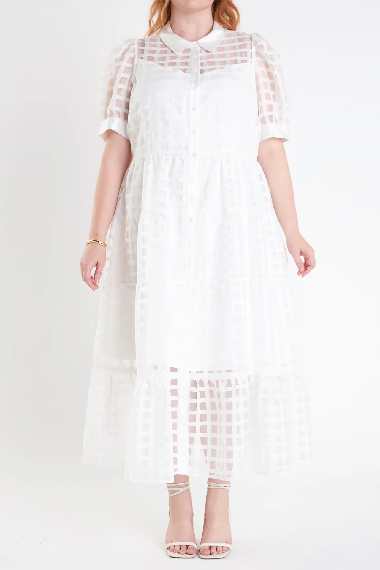 Plus Size Gridded Organza Tiered Maxi Dress