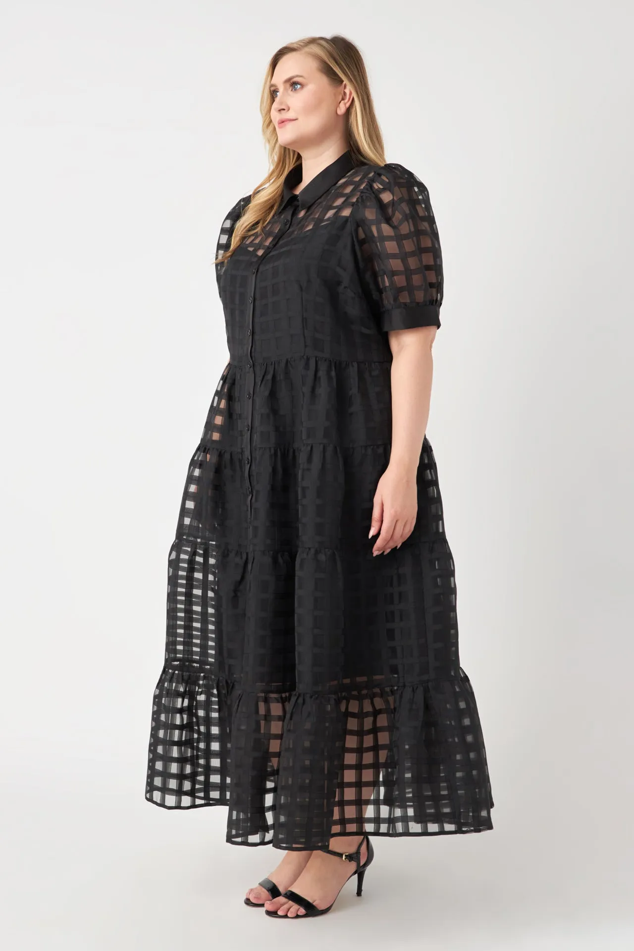 Plus Size Gridded Organza Tiered Maxi Dress
