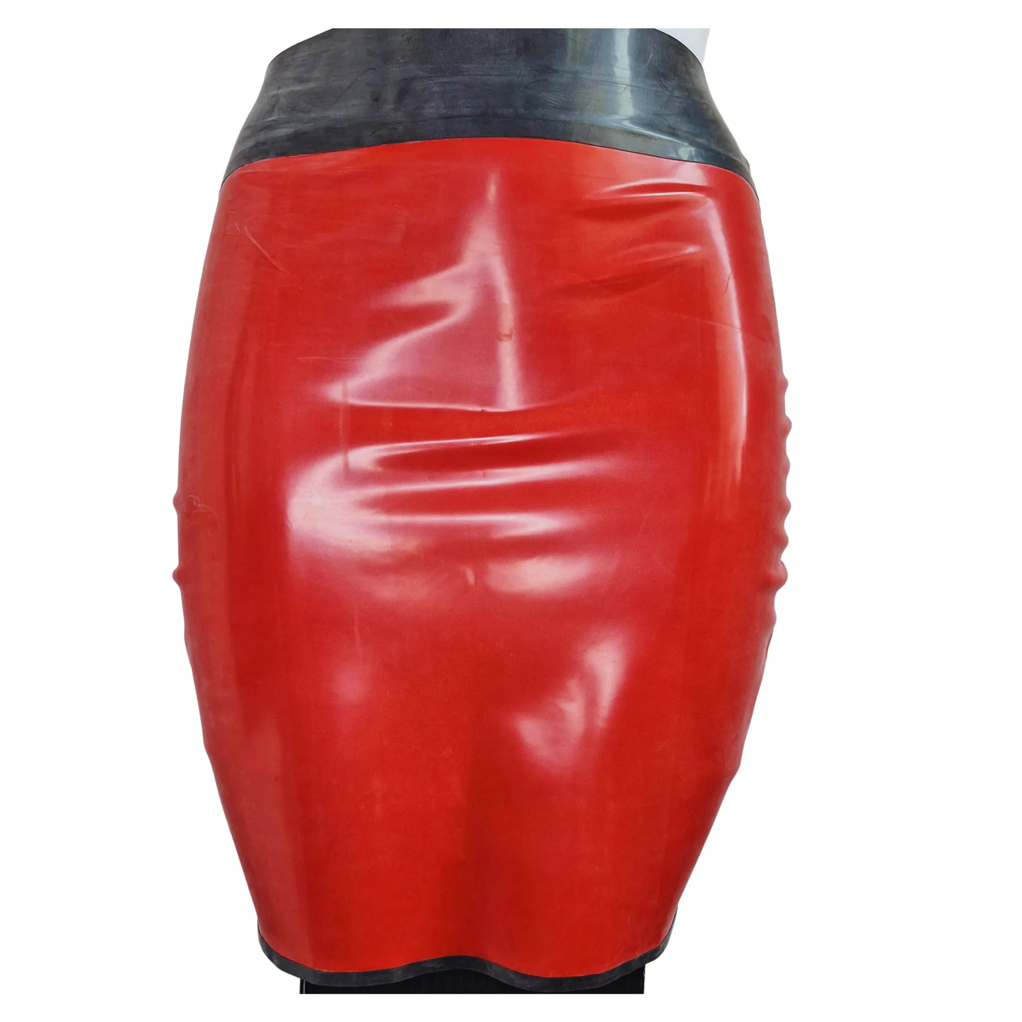 READY TO SHIP SAMPLE SIZE S - Red & Black Latex Kick Flare Pencil Skirt.