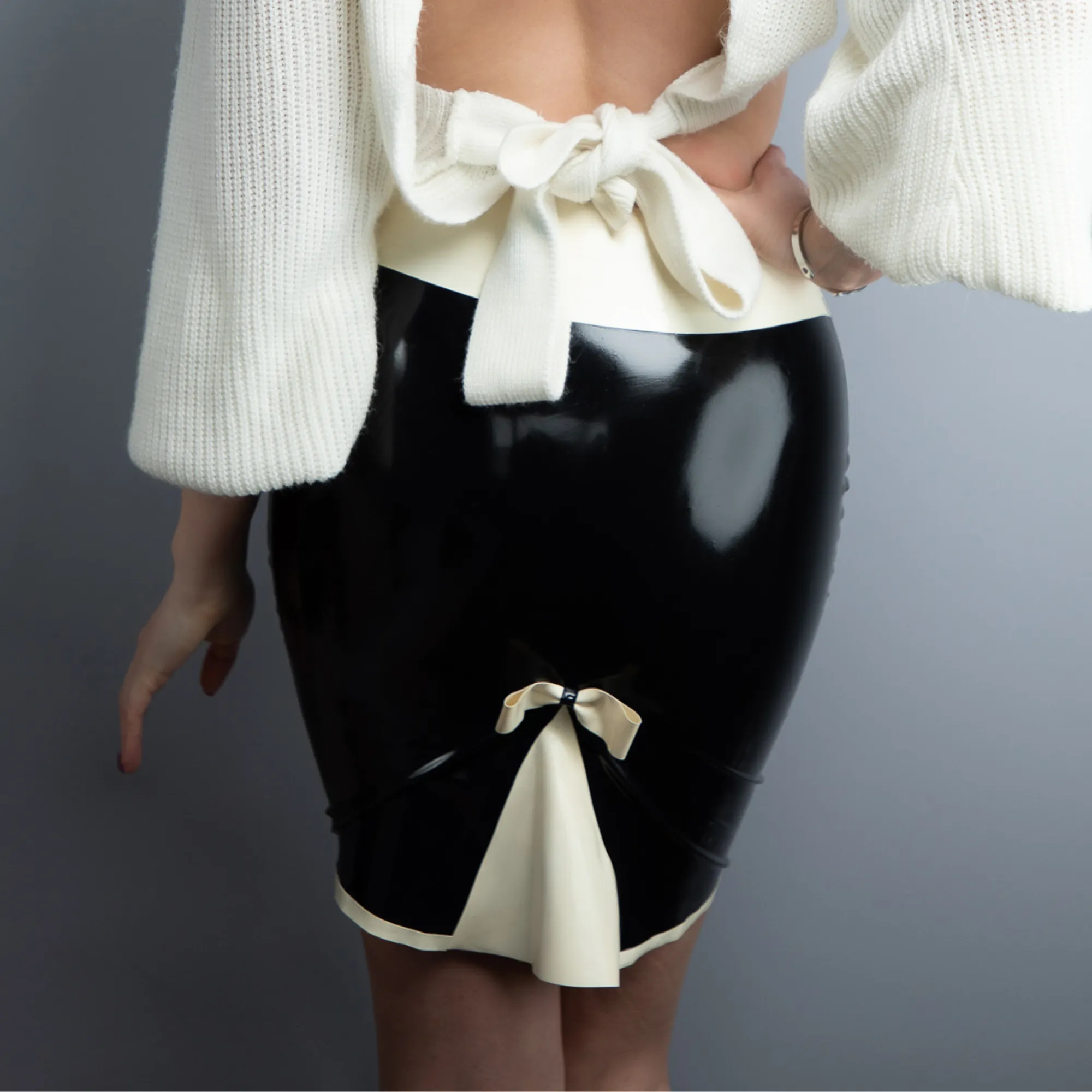 READY TO SHIP SAMPLE SIZE S - Red & Black Latex Kick Flare Pencil Skirt.