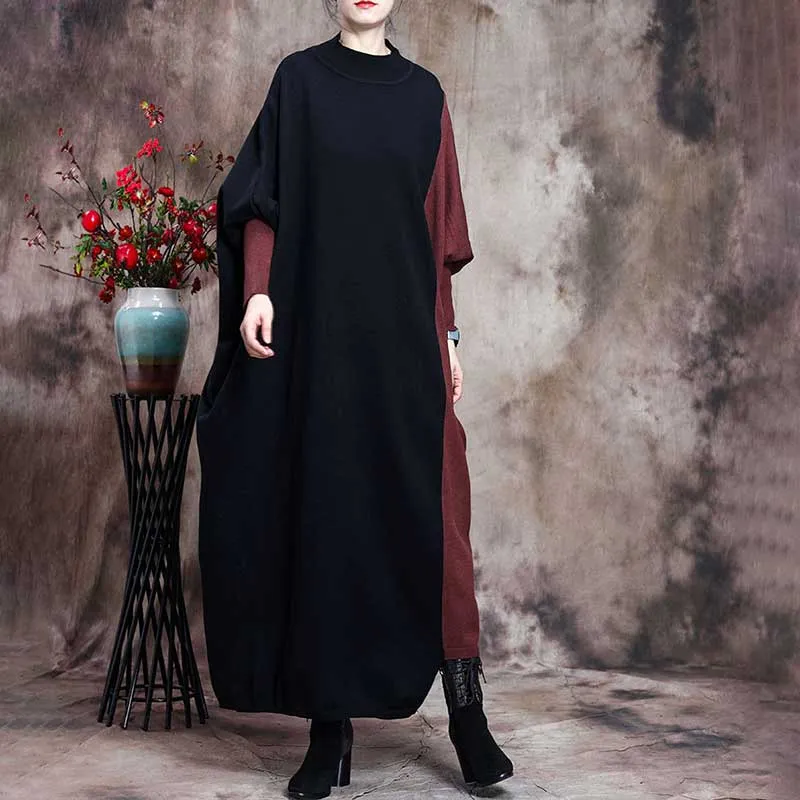 Retro Contrast Color Loose Bat Sleeve Women'S Sweater Dress