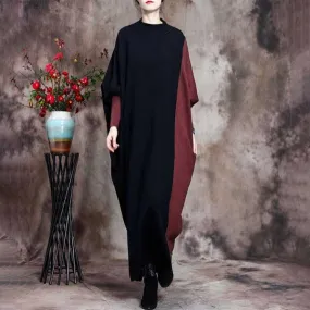 Retro Contrast Color Loose Bat Sleeve Women'S Sweater Dress