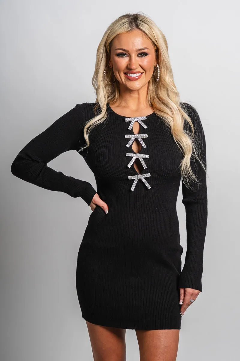 Rhinestone bow sweater dress black