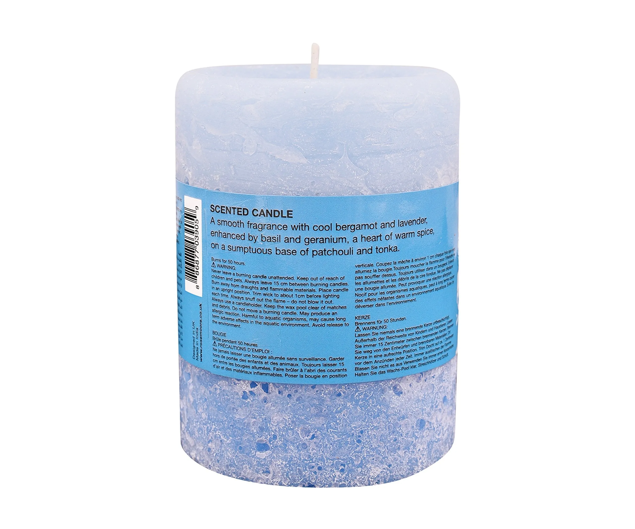 Rosemoore Blue Oud Pillar Candle - Eco-Friendly, Cruelty-Free, Height 100mm, Diameter 75mm, Burn Time 50 Hours - Ideal for Modern Homes, Workstations, Offices, Hotels