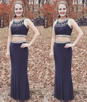 Round Neck Beaded Two Pieces Sleeveless Navy Blue Long Prom Dresses, Sleeveless Navy Blue Formal Dresses