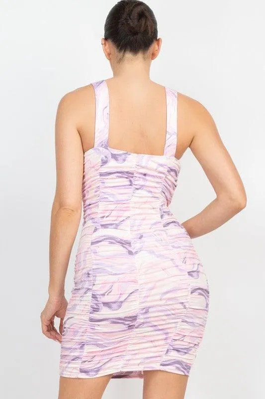 Ruched Abstract Bodycon Sleeveless Dress