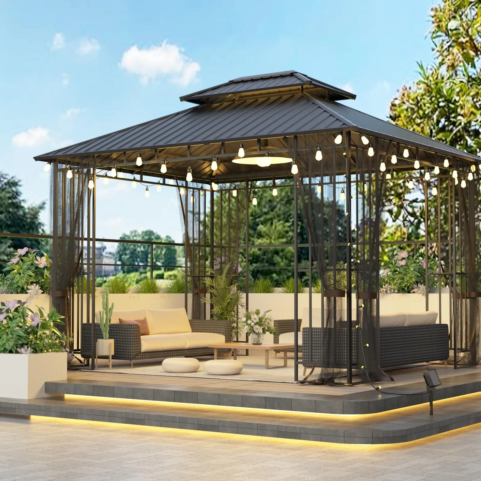 SANNWSG 10x12FT Hardtop Metal Gazebo with Mosquito Net&Sunshade Curtains,Heavy Duty Double Roof Canopy,Galvanized Steel Design Outdoor Tent,Suitable for Gardens,Patio,Backyard