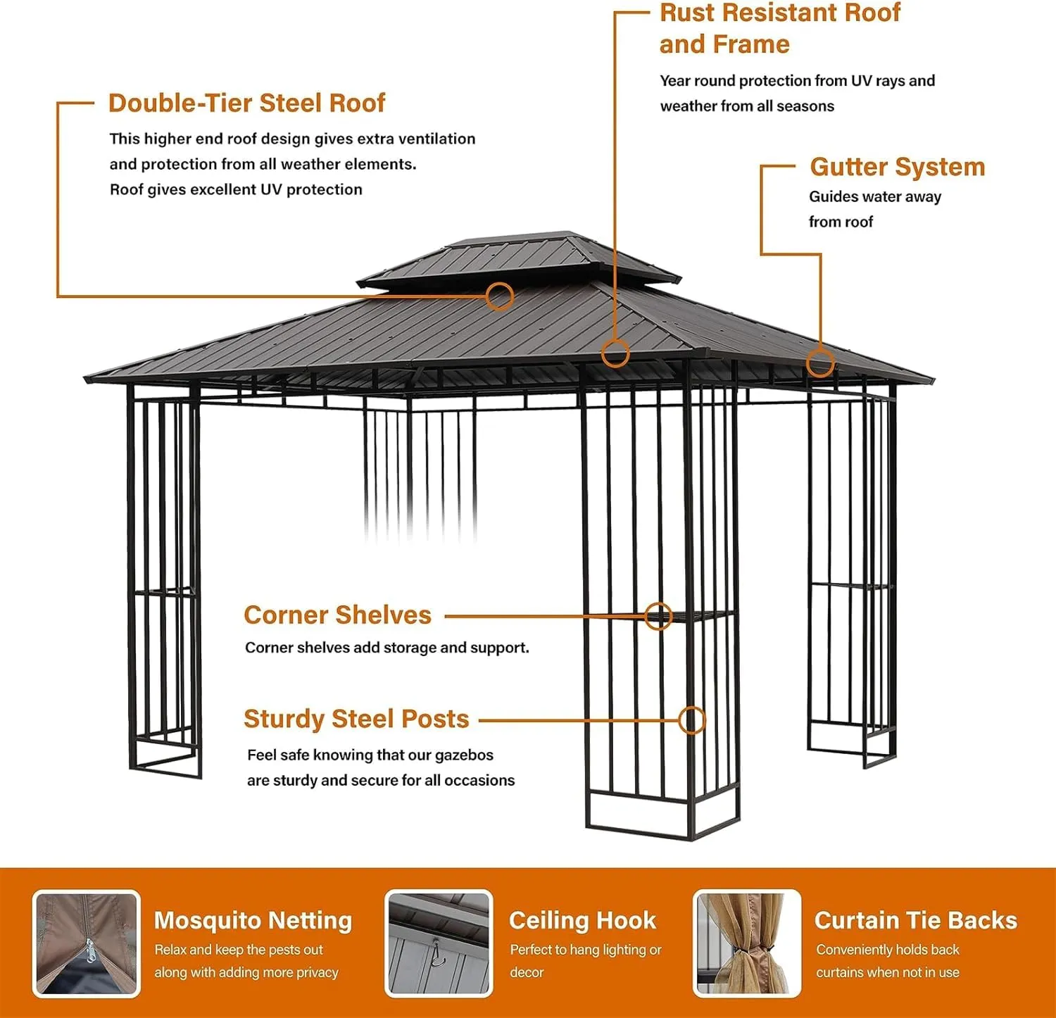 SANNWSG 10x12FT Hardtop Metal Gazebo with Mosquito Net&Sunshade Curtains,Heavy Duty Double Roof Canopy,Galvanized Steel Design Outdoor Tent,Suitable for Gardens,Patio,Backyard