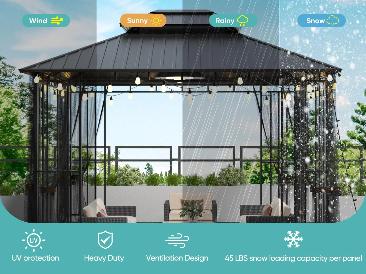 SANNWSG 10x12FT Hardtop Metal Gazebo with Mosquito Net&Sunshade Curtains,Heavy Duty Double Roof Canopy,Galvanized Steel Design Outdoor Tent,Suitable for Gardens,Patio,Backyard