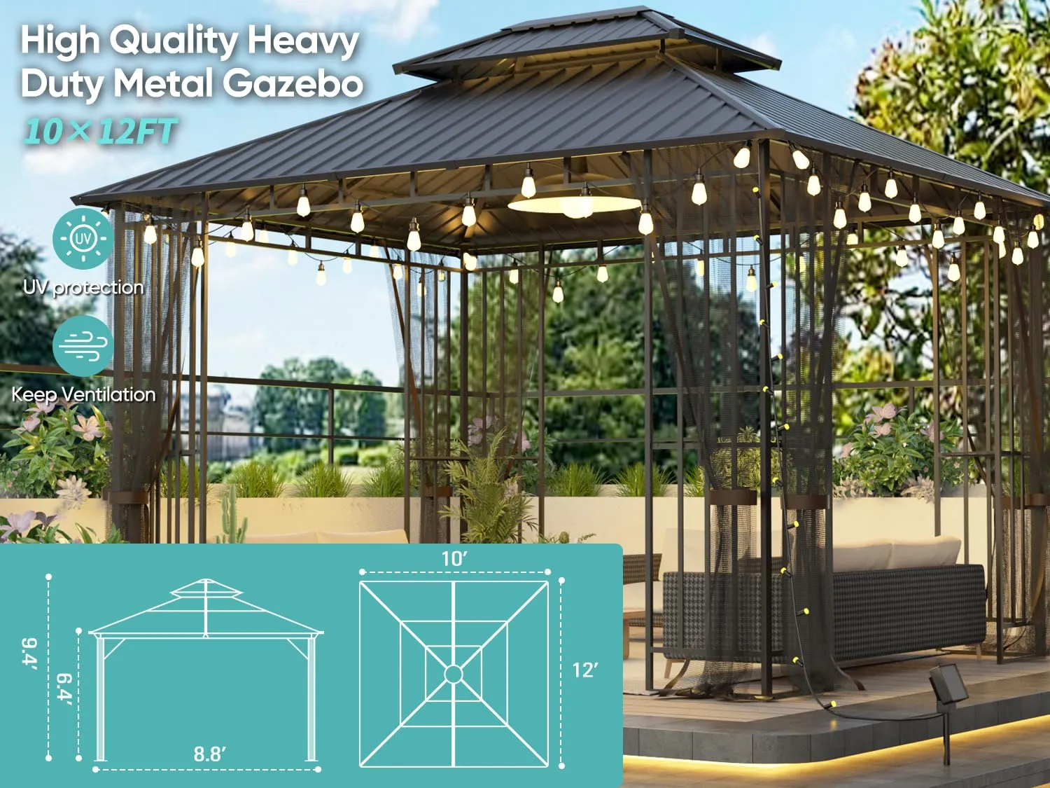 SANNWSG 10x12FT Hardtop Metal Gazebo with Mosquito Net&Sunshade Curtains,Heavy Duty Double Roof Canopy,Galvanized Steel Design Outdoor Tent,Suitable for Gardens,Patio,Backyard