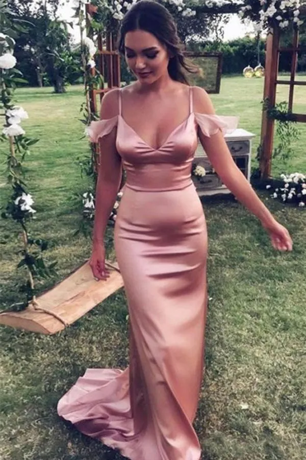Sheath Satin Prom Dress Spaghetti Straps Bridesmaid Dress
