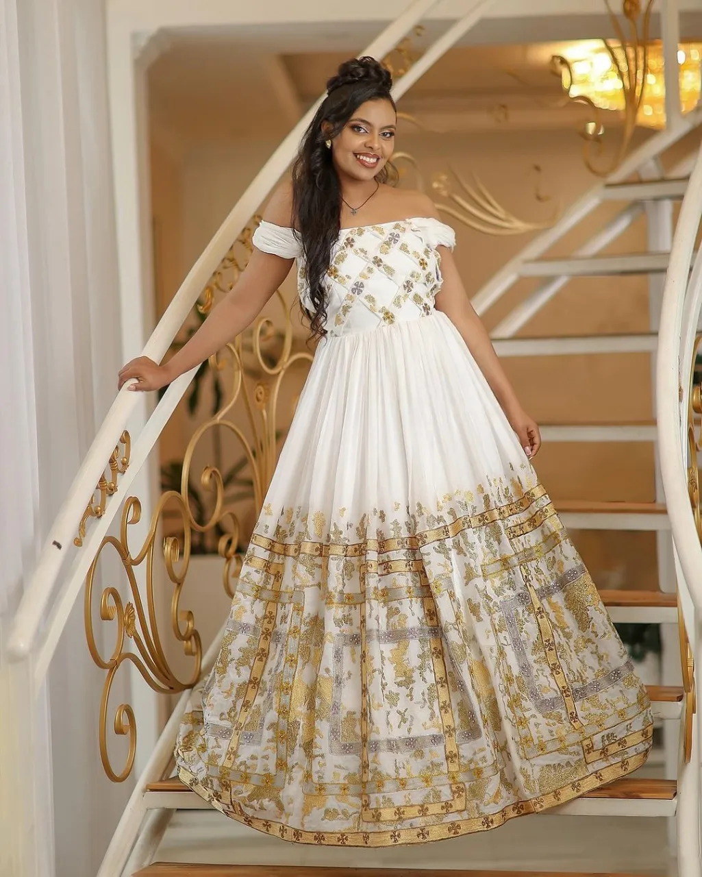 Shimmering Golden Ethiopian Traditional Couples Outfit: Elegant Look with Your Beloved in Matching Habesha Attire