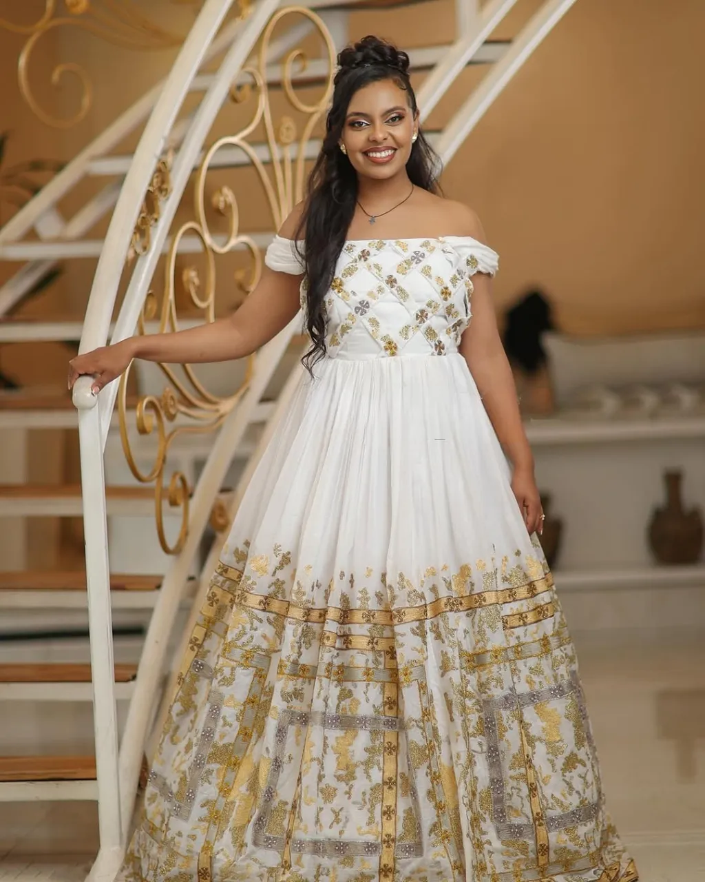 Shimmering Golden Ethiopian Traditional Couples Outfit: Elegant Look with Your Beloved in Matching Habesha Attire